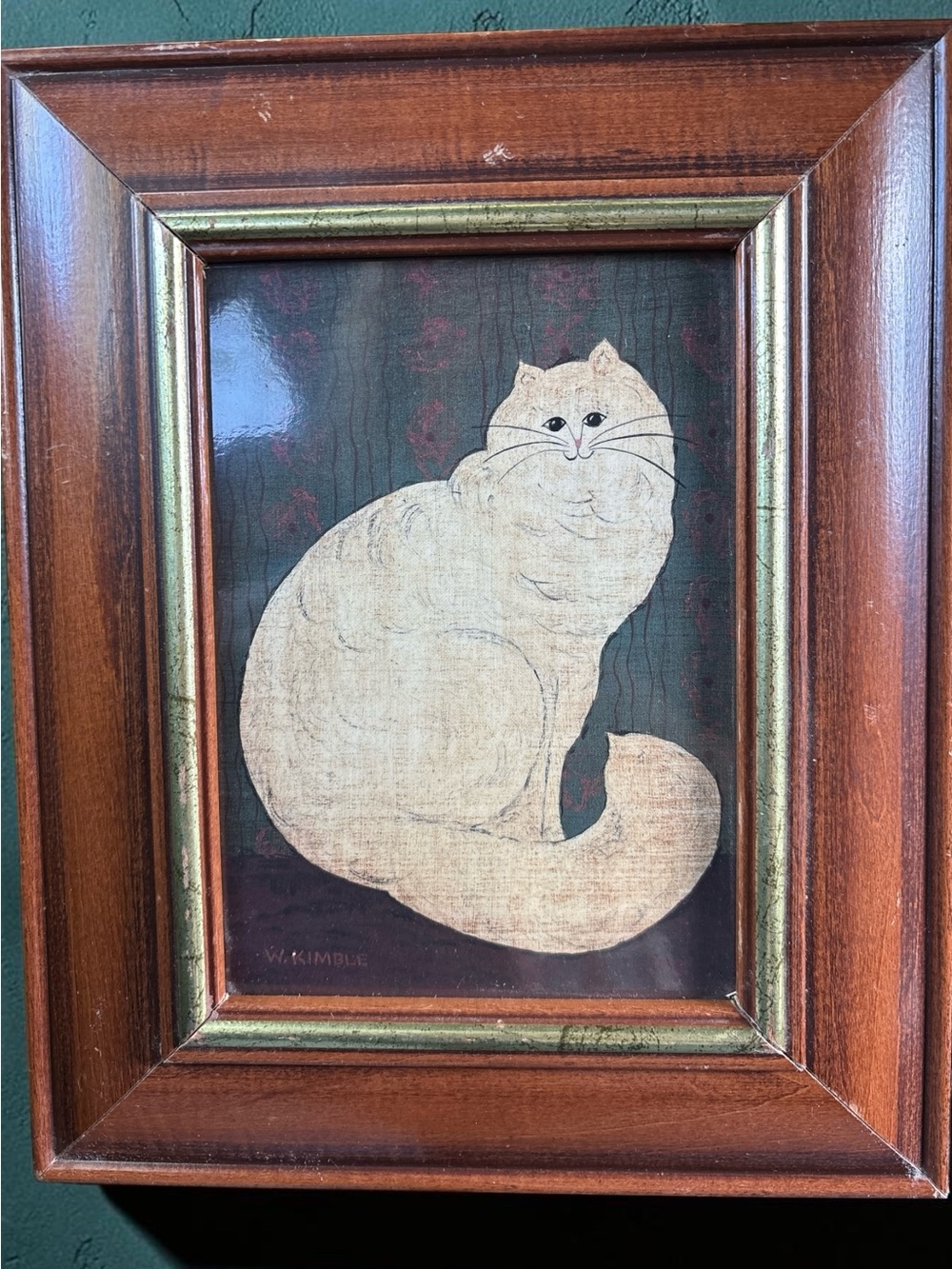 Vintage Warren Kimble Framed 5x7 Print White Persian Cat Fluffy Folk Art